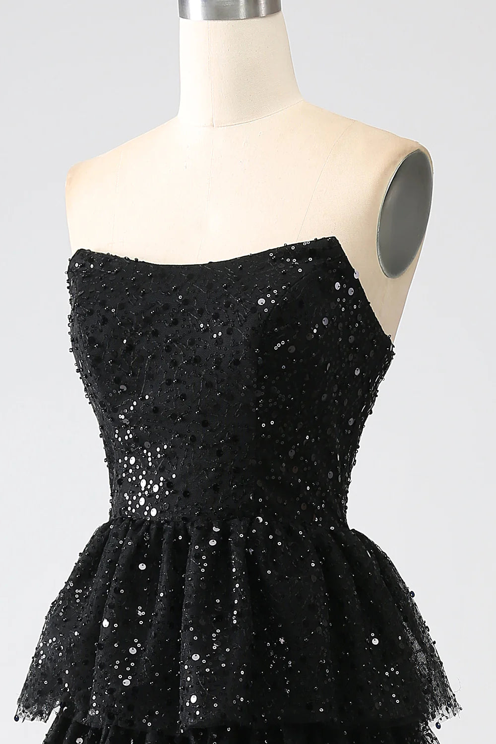 A-Line Party Dress Sequins Black Tiered Prom Dress with Slit