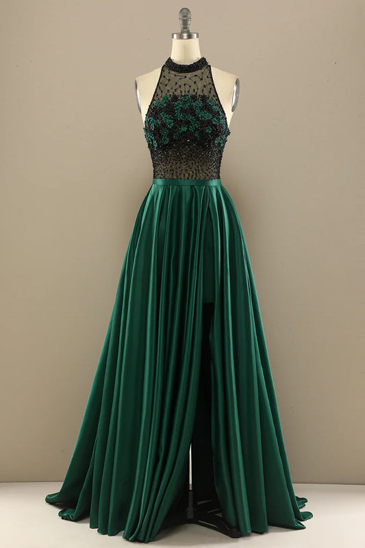 Dark Green Long Beaded Prom Dress With Flowers Halter Floor-length Dress