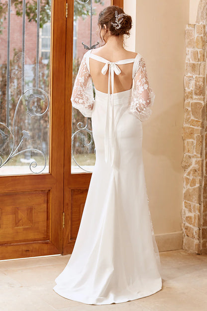 White Mermaid Long Sleeves Wedding Dress with 3D Flowers