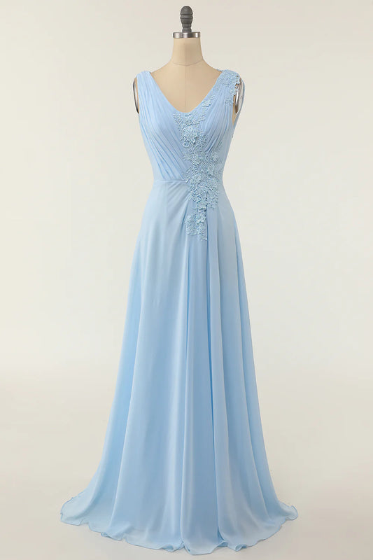 V-neck Blue Bridesmaid Dress with Ruffle Wedding Guest Dress