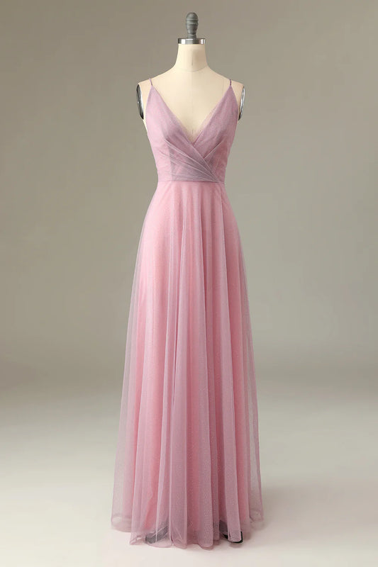 A Line Spaghetti Straps Grey Pink Bridesmaid Dress V-Neck Wedding Guest Dress