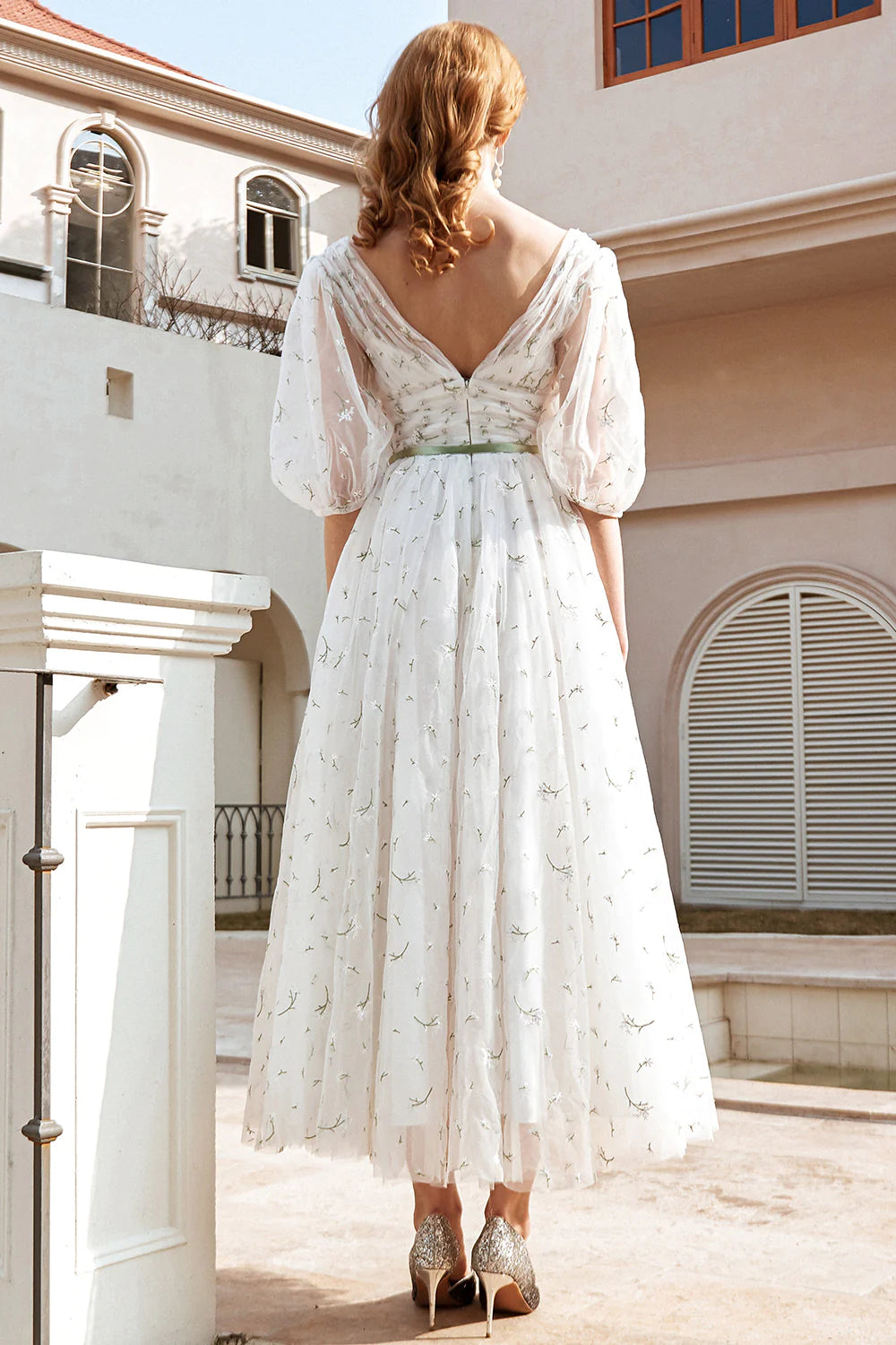 A-Line Print Lovely Tulle Midi V-neck Wedding Dress