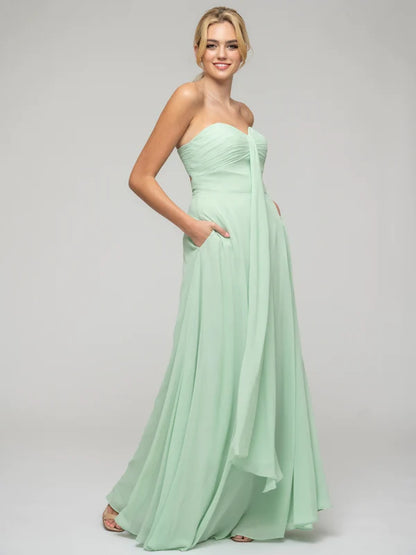 Koutun A Line Chiffon Strapless Bridesmaid Dresses With Ribbons