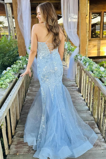 Light Blue Scoop Neck Sequin Lace Trumpet Long Prom Dresses