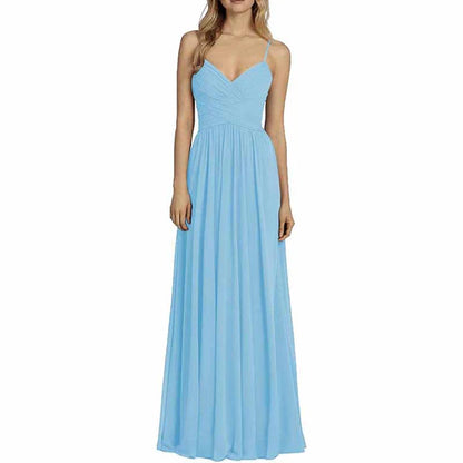 Long Chiffon Bridesmaid Dresses Spaghetti Straps V-neck Wedding Guest Dress