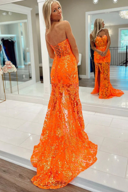 Orange Mermaid Sequin Lace Long Prom Dresses with Detachable Shoulder Straps