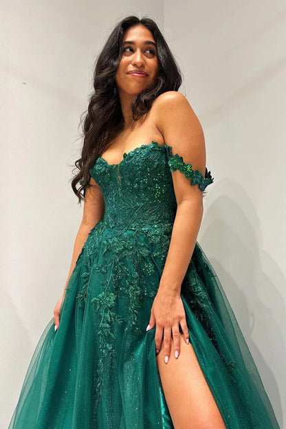 Glitter Emerald Appliques Off-the-Shoulder A-Line Long Prom Dress