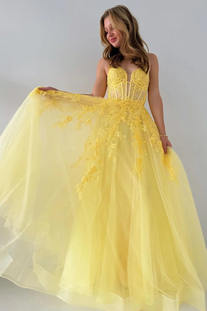 A-Line V Neck Yellow Tulle Lace Long Prom Dresses