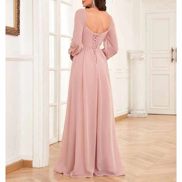 Long Sleeve Bridesmaid Dresses Pleated Chiffon Evening Dresses with Slit