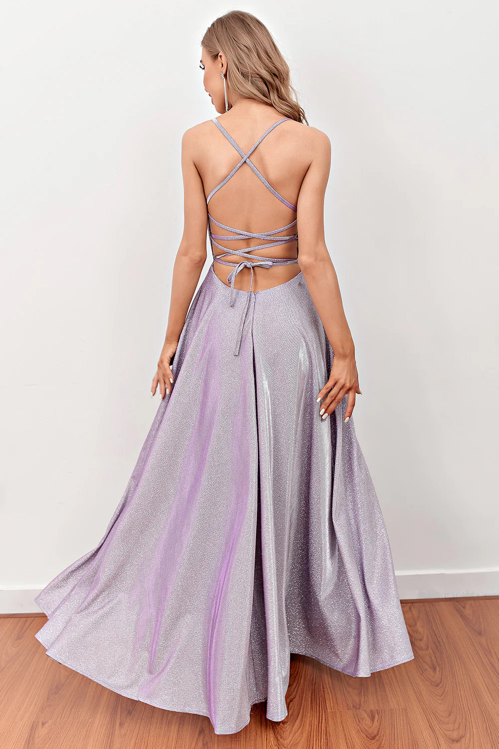 Lilac Deep V Neck Long Prom Dress with Cross Straps Evening Dress