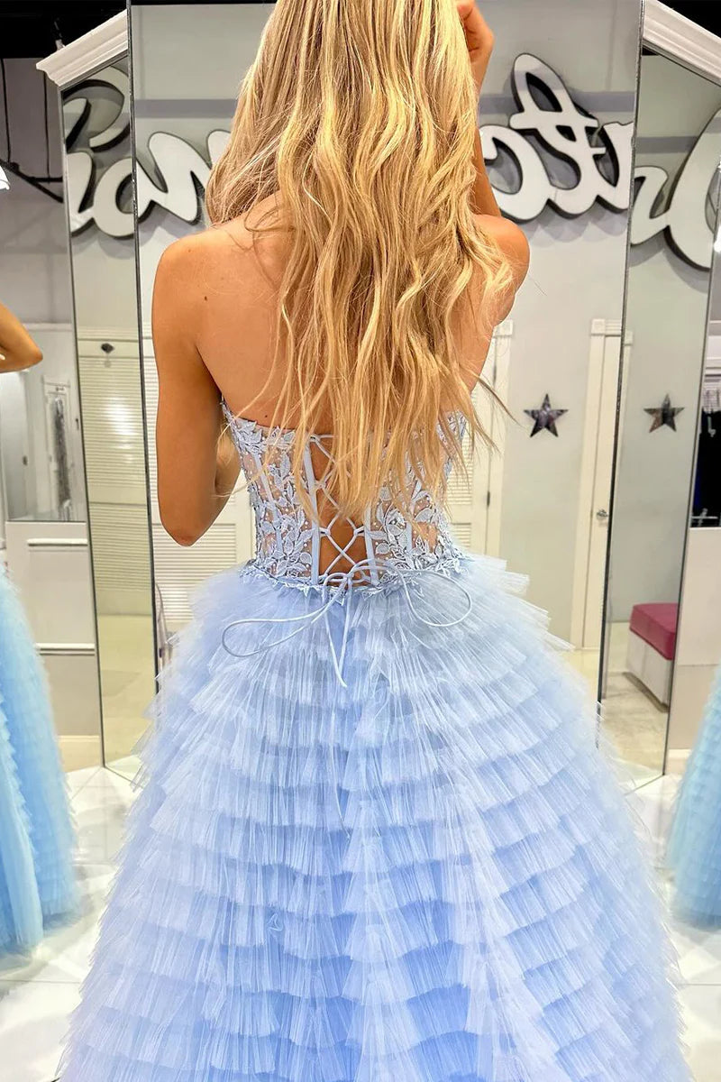 Light Blue Sweetheart Tiered Tulle Long Prom Dresses with Appliques
