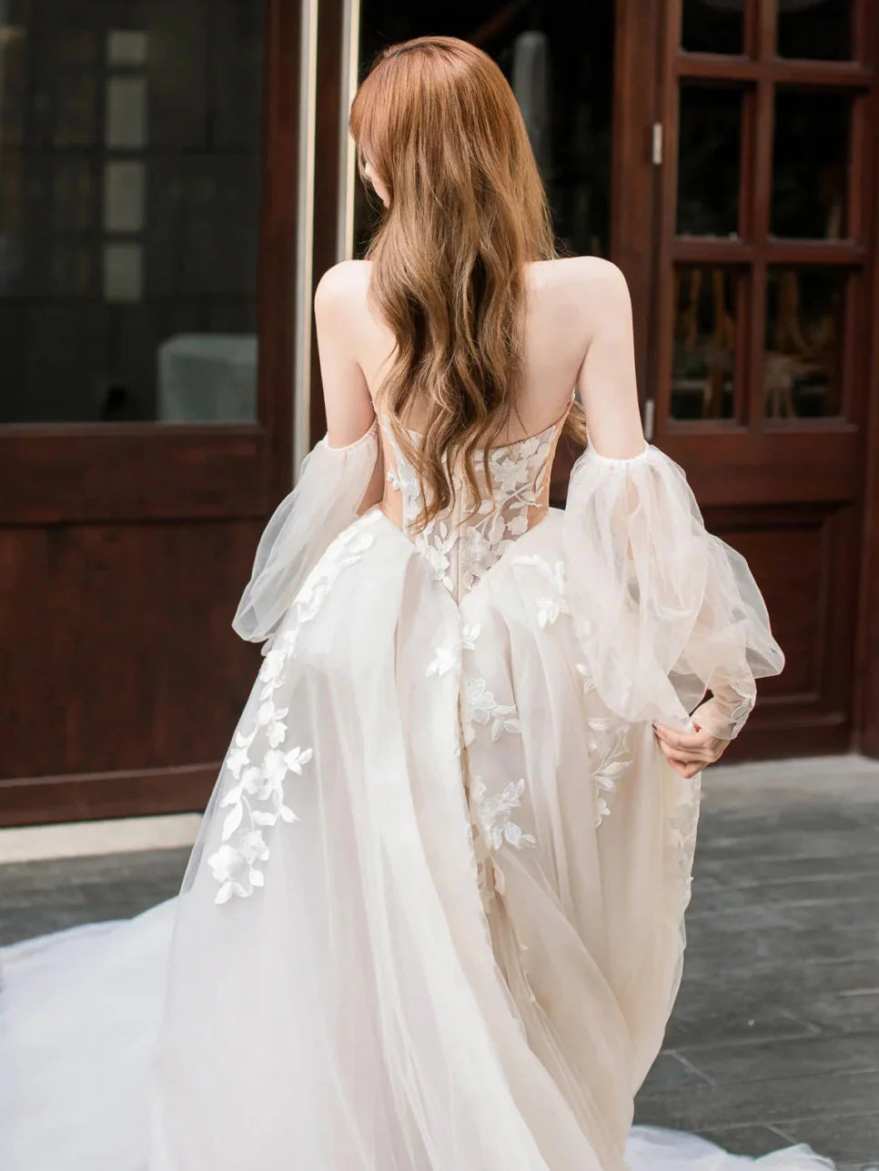 A-Line Lace Tulle Long Prom Dress Bride Gown