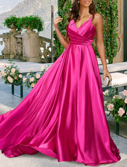 A-Line Bridesmaid Dress V Neck / Spaghetti Strap Sleeveless Sexy Sweep / Brush Train Charmeuse with Pleats / Solid Color