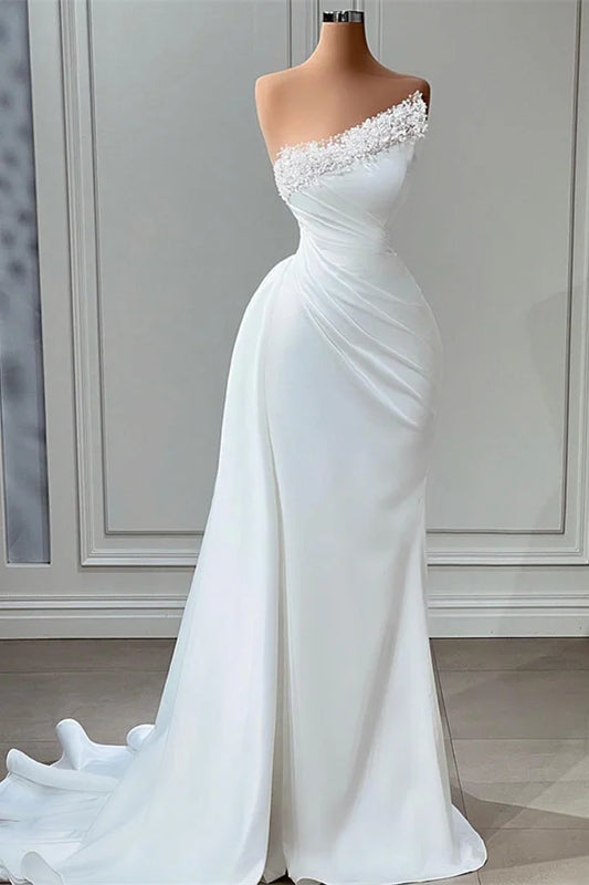 Mermaid Satin Wedding Dress Long Strapless Dress With Pearls