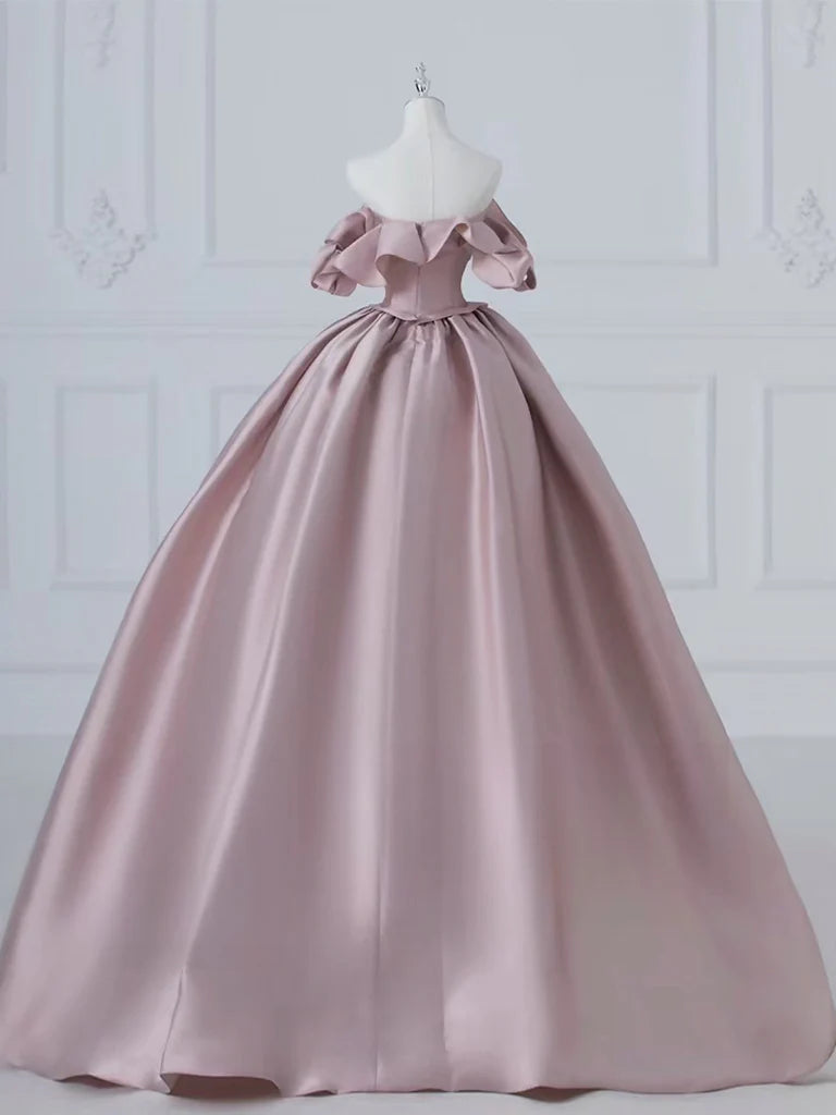 A-Line Pink Satin Long Off Shoulder Prom Dress Quinceanera Dress