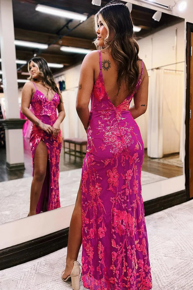 Fuchsia Sequins Lace V Neck Mermaid Long Prom Dress