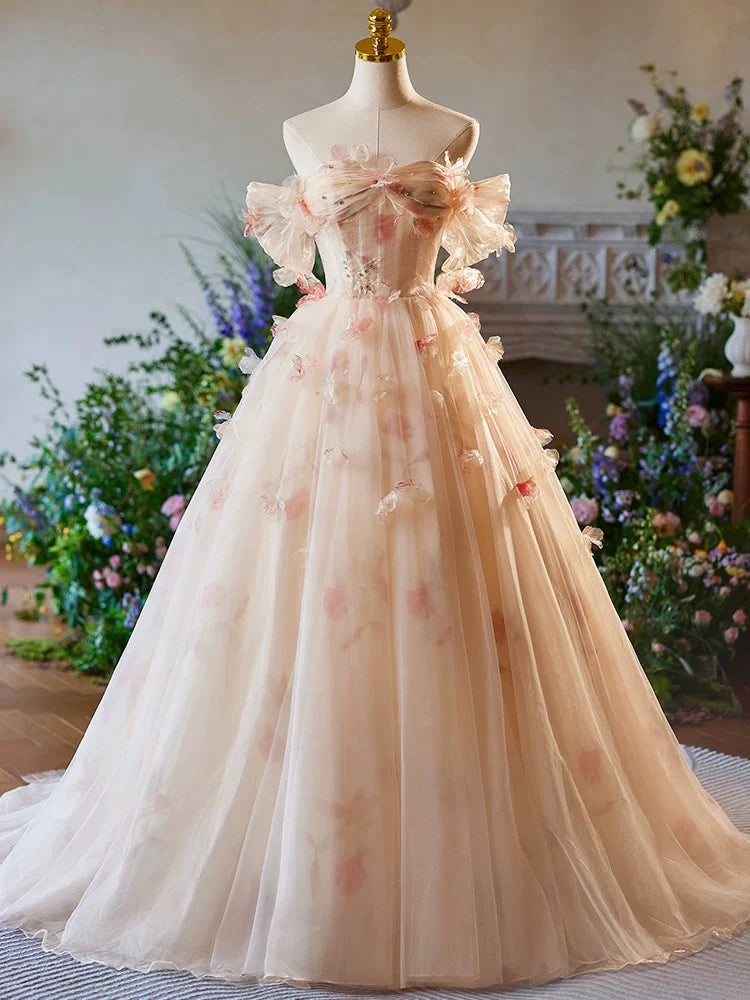 A-Line Off Shoulder Tulle Champagne Long Prom Dress Formal Dress Quinceanera Dress