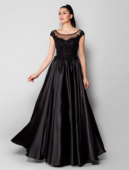 Ball Gown Minimalist Formal Evening Dress Illusion Neck Short Sleeve Floor Length Stretch Satin with Beading Appliques