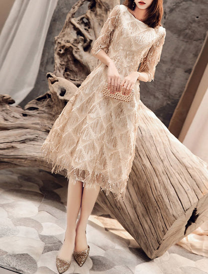 A-Line Sparkle Elegant Party Wear Cocktail Party Dress Jewel Neck Half Sleeve Knee Length Sequined with Sequin Tassel