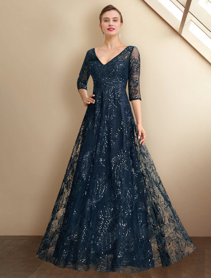 A-Line Mother of the Bride Dress Elegant Sparkle & Shine V Neck Floor Length Chiffon Lace Sequined 3/4 Length Sleeve with Sequin Appliques