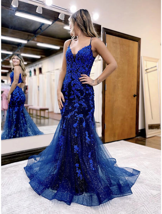 Mermaid / Trumpet Prom Dresses Sparkle & Shine Dress Formal Wedding Party Court Train Sleeveless V Neck Tulle Backless with Glitter Beading Appliques