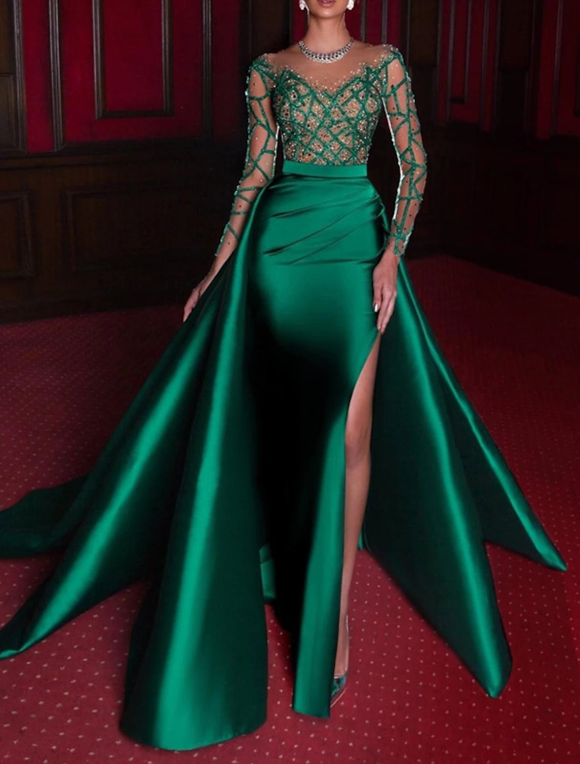 Mermaid Evening Gown Luxurious Dress Carnival Red Green Dress Court Train Long Sleeve Jewel Neck Satin with Rhinestone Appliques