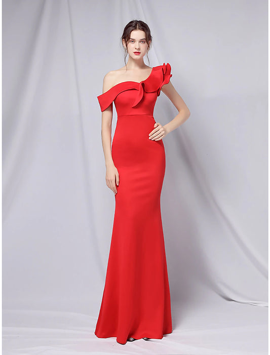 Mermaid / Trumpet Evening Gown Empire Dress Wedding Guest Formal Evening Floor Length Short Sleeve One Shoulder Stretch Satin with Ruffles