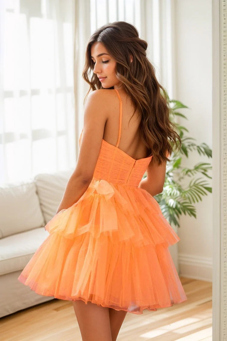 Cute A Line Straps Orange Tulle Keyhole Homecoming Dresses