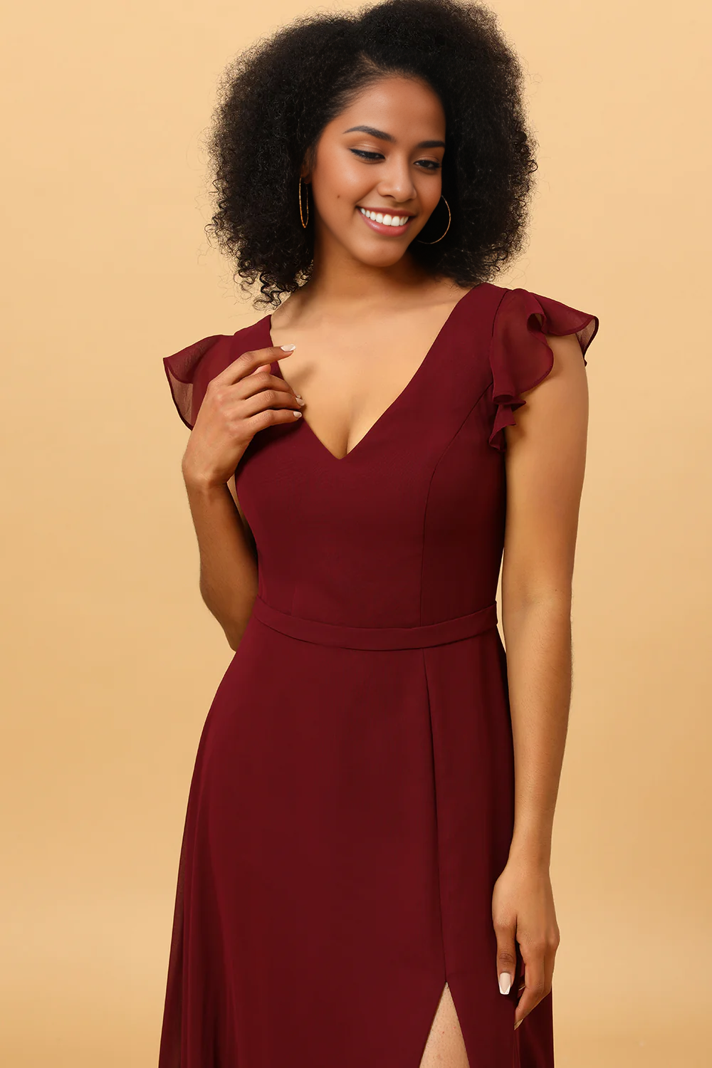 Chiffon Burgundy Long Dress Bridesmaid Dress with Slit