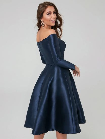 A-Line Special Occasion Dresses Elegant Dress Wedding Guest Cocktail Party Knee Length Long Sleeve Off Shoulder Satin with Pleats