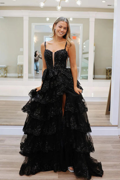 Black Sweetheart Tiered Sequin Lace Long Prom Dresses