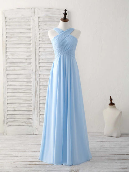 Simple V Neck Chiffon Sky Blue Floor-length Prom Dress Blue Bridesmaid Dress