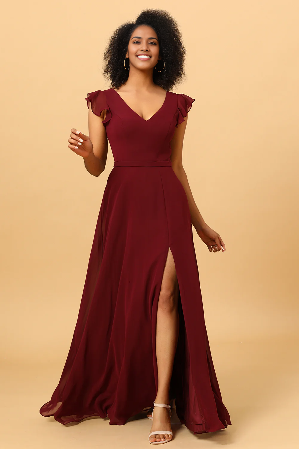 Chiffon Burgundy Long Dress Bridesmaid Dress with Slit