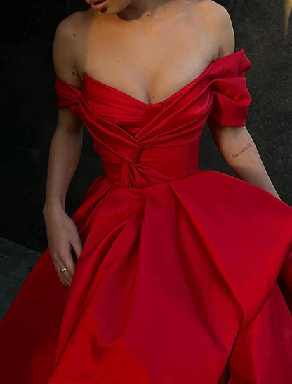 A-Line Evening Gown Party Dress Christmas Red Green Dress Masquerade Prom Sweep / Brush Train Sleeveless Off Shoulder Satin with Slit