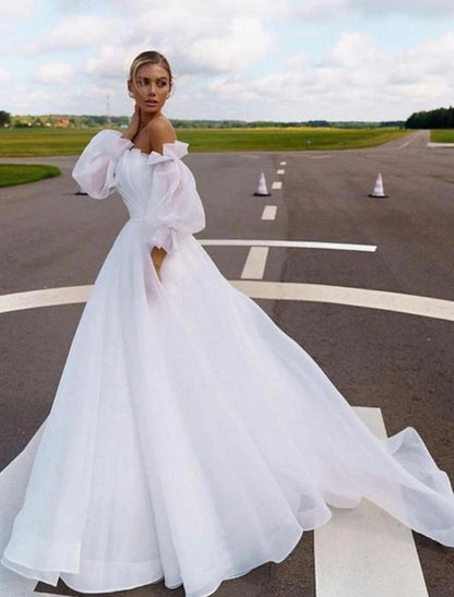 Beach Casual Wedding Dresses A-Line Off Shoulder Long Sleeve Court Train Organza Bridal Gowns With Solid Color Summer Wedding Party