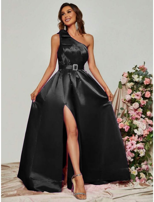 A-Line Evening Gown Party Dress Formal Fall Floor Length Sleeveless One Shoulder Satin with Pleats Slit Strappy
