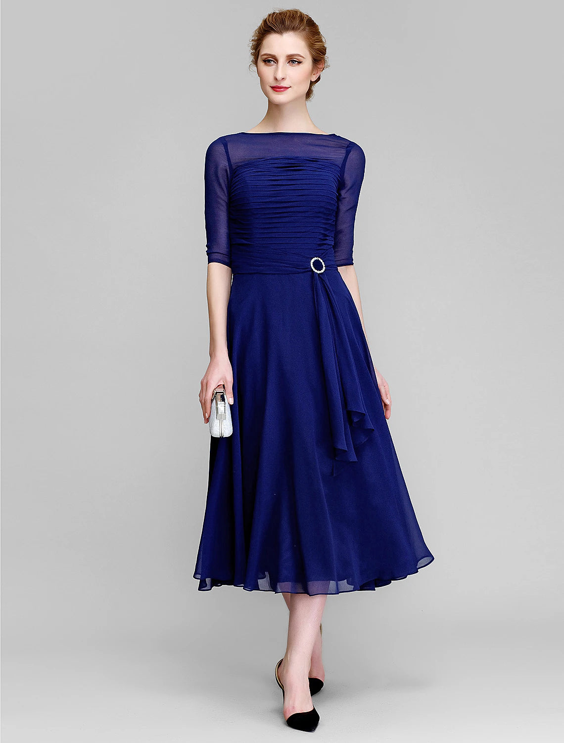 A-Line Mother of the Bride Dress Fall Wedding Guest Dresses Plus Size Elegant Bateau Neck Tea Length Chiffon Half Sleeve with Ruched