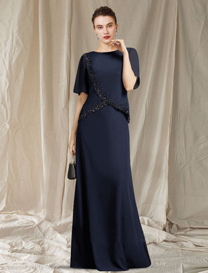 A-Line Mother of the Bride Dress Elegant Jewel Neck Floor Length Chiffon Short Sleeve with Crystals