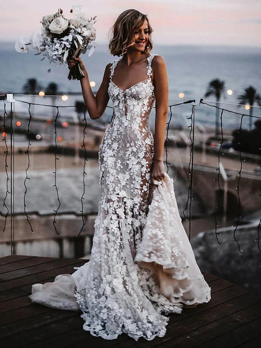 Beach Boho Wedding Dresses Mermaid / Trumpet Off Shoulder Cap Sleeve Court Train Lace Bridal Gowns With Appliques Solid Color Summer Wedding Party, Women's Clothing