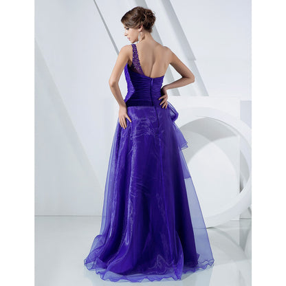 A-Line Elegant Dress Formal Evening Military Ball Floor Length Sleeveless One Shoulder Organza with Side Draping Cascading Ruffles