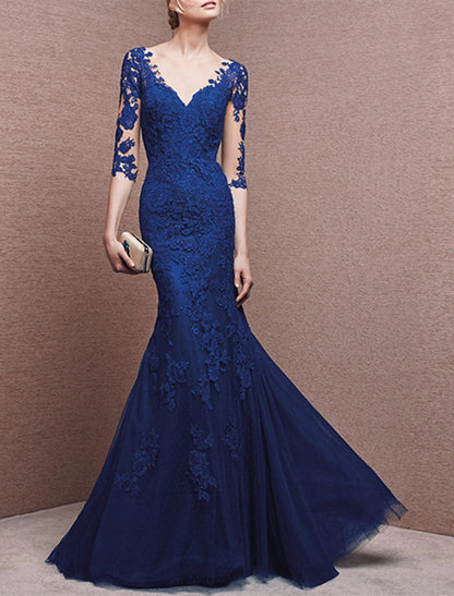 Mermaid / Trumpet Evening Gown Elegant Dress Formal Wedding Guest Floor Length Half Sleeve V Neck Tulle with Buttons Appliques