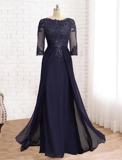 Sheath / Column Mother of the Bride Dress Formal Fall Wedding Guest Elegant Sparkle & Shine Jewel Neck Asymmetrical Floor Length Chiffon Lace 3/4 Length Sleeve with Sequin Appliques