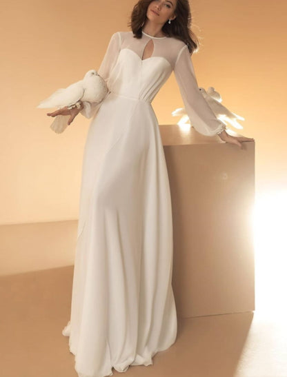 Hall Casual Wedding Dresses A-Line Illusion Neck Long Sleeve Floor Length Chiffon Bridal Gowns With Summer Wedding Party