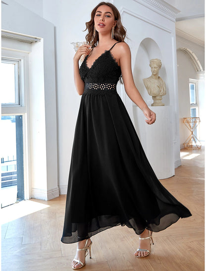 A-Line Elegant Vintage Party Wear Formal Evening Dress V Neck Sleeveless Ankle Length Chiffon with Sequin Pure Color Splicing