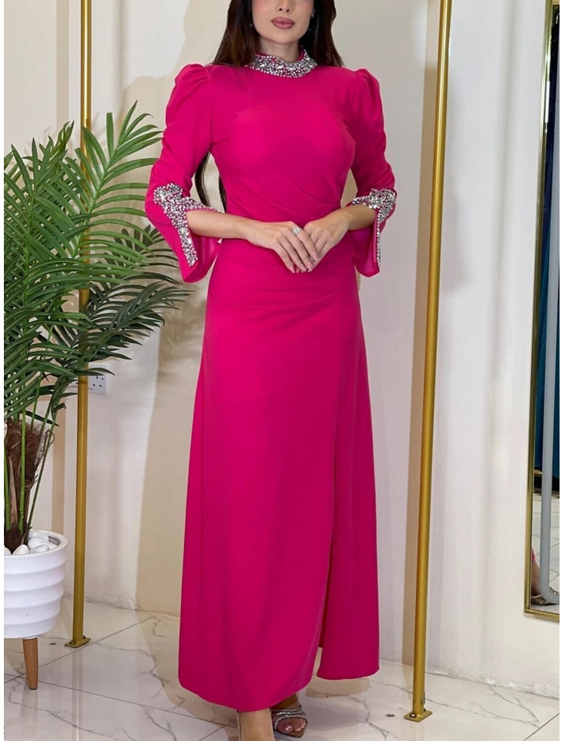 Sheath / Column Evening Gown Elegant Dress Formal Ankle Length Christmas Red Green Dress Long Sleeve Jewel Neck Stretch Chiffon with Ruched Crystals Slit