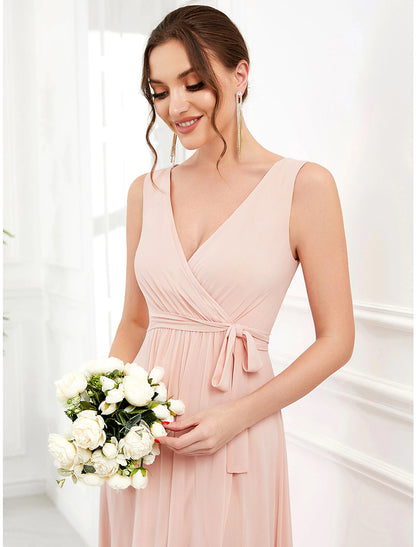 A-Line Wedding Guest Dresses Elegant Dress Party Wear Wedding Party Asymmetrical Sleeveless V Neck Bridesmaid Dress Chiffon with Ruffles Strappy