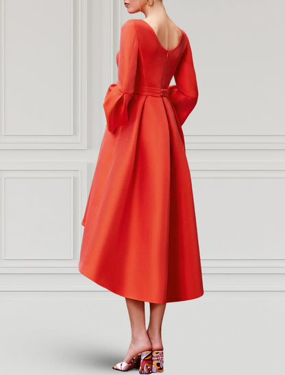 A-Line Cocktail Dresses Elegant Dress Formal Wedding Guest Asymmetrical 3/4 Length Sleeve V Neck Satin with Pleats