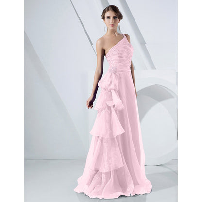 A-Line Elegant Dress Formal Evening Military Ball Floor Length Sleeveless One Shoulder Organza with Side Draping Cascading Ruffles