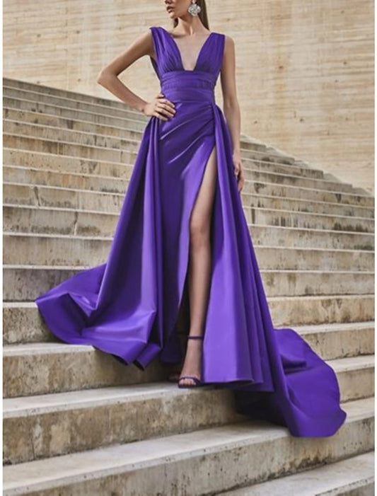 A-Line Celebrity Style Minimalist Elegant Engagement Prom Dress V Neck Sleeveless Court Train Satin with Slit Overskirt