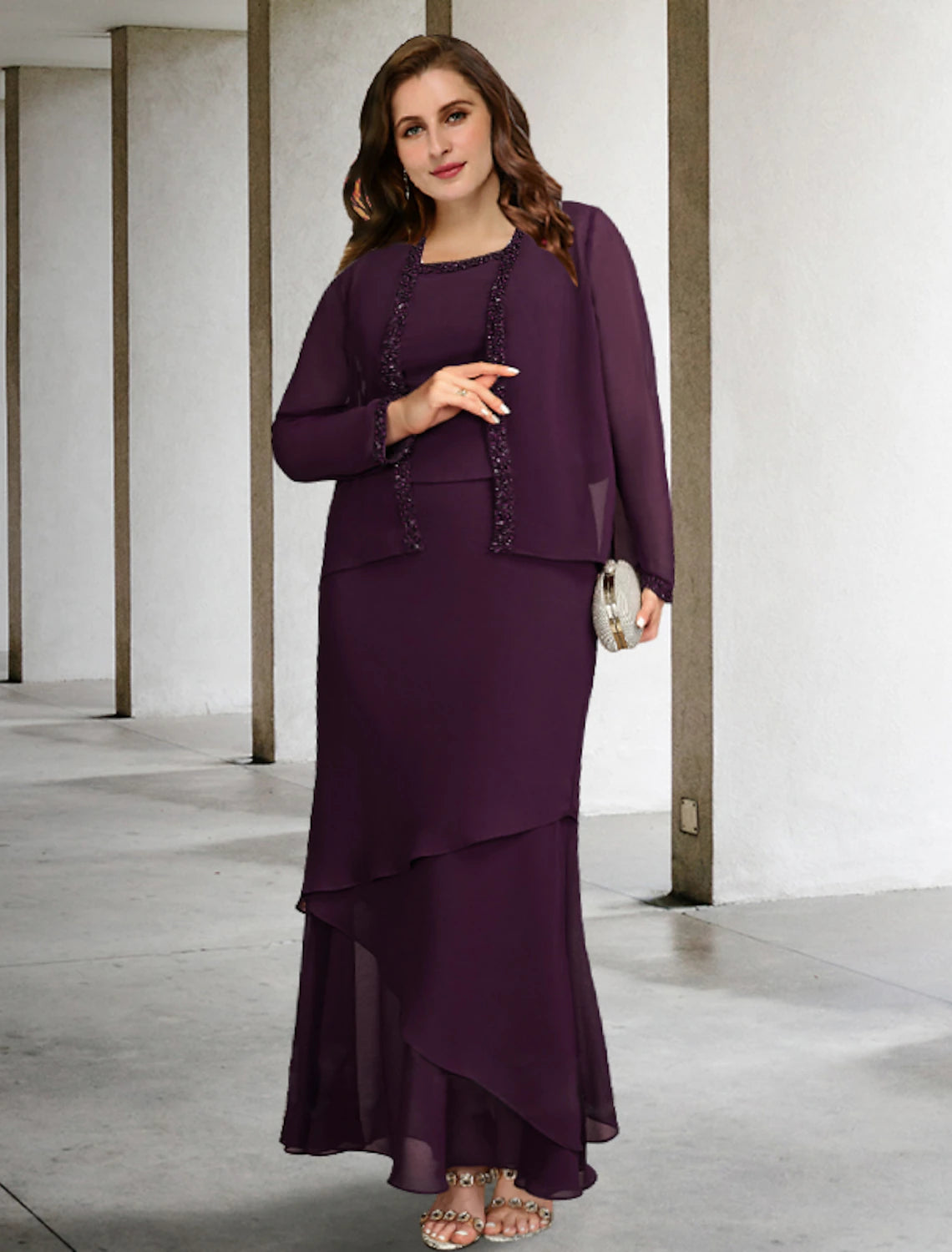 Two Piece A-Line Mother of the Bride Dresses Plus Size Hide Belly Curve Elegant Dress Formal Ankle Length Sleeveless Square Neck Chiffon with Beading Ruffles